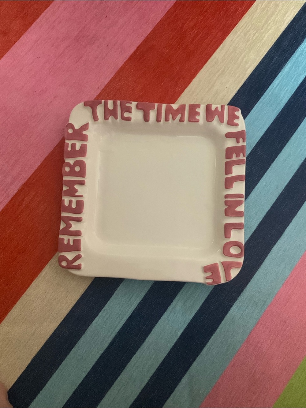 L&Clay. Mint and Pink Ceramic Trinket Dish with Raised Lettering
